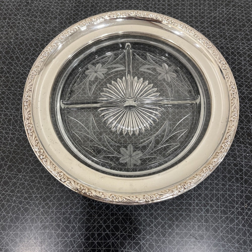 Engraved Divided Glass 8" Tray, Sterling Silver Rim, Antique Vintage. Ornate